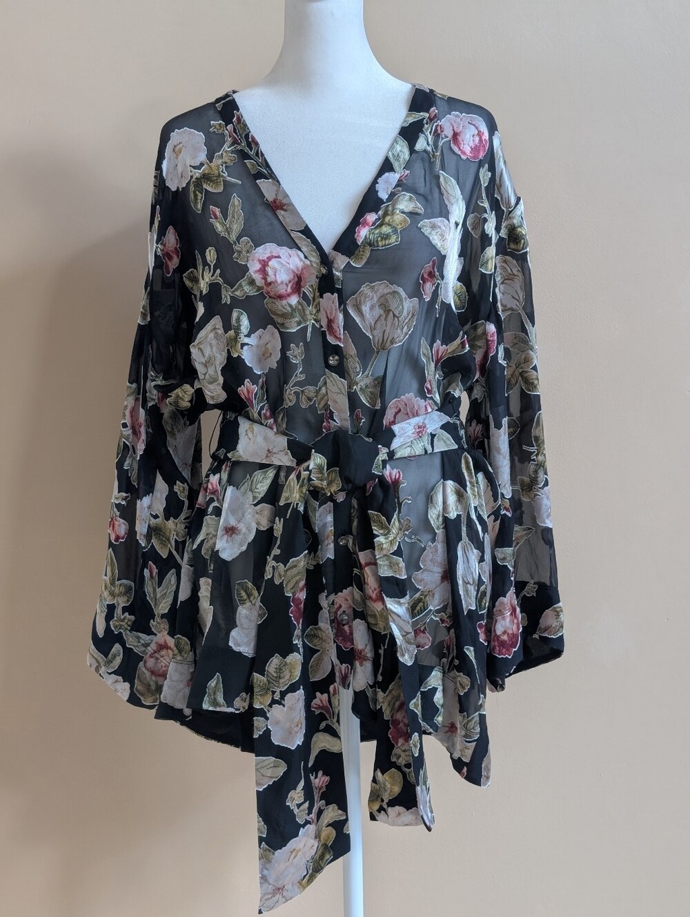 Alice + Olivia Rosario Silk Blend Floral Tunic Blouse V Neck Tie Waist Sheer M